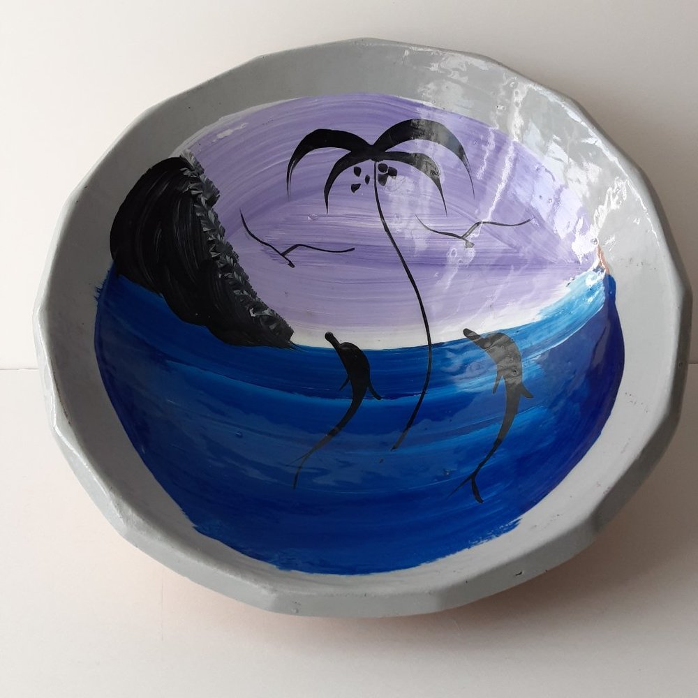 Hand Painted 5-1/2" Clay Pottery Bowl Stylized Dolphins Palm Water Blue Purple